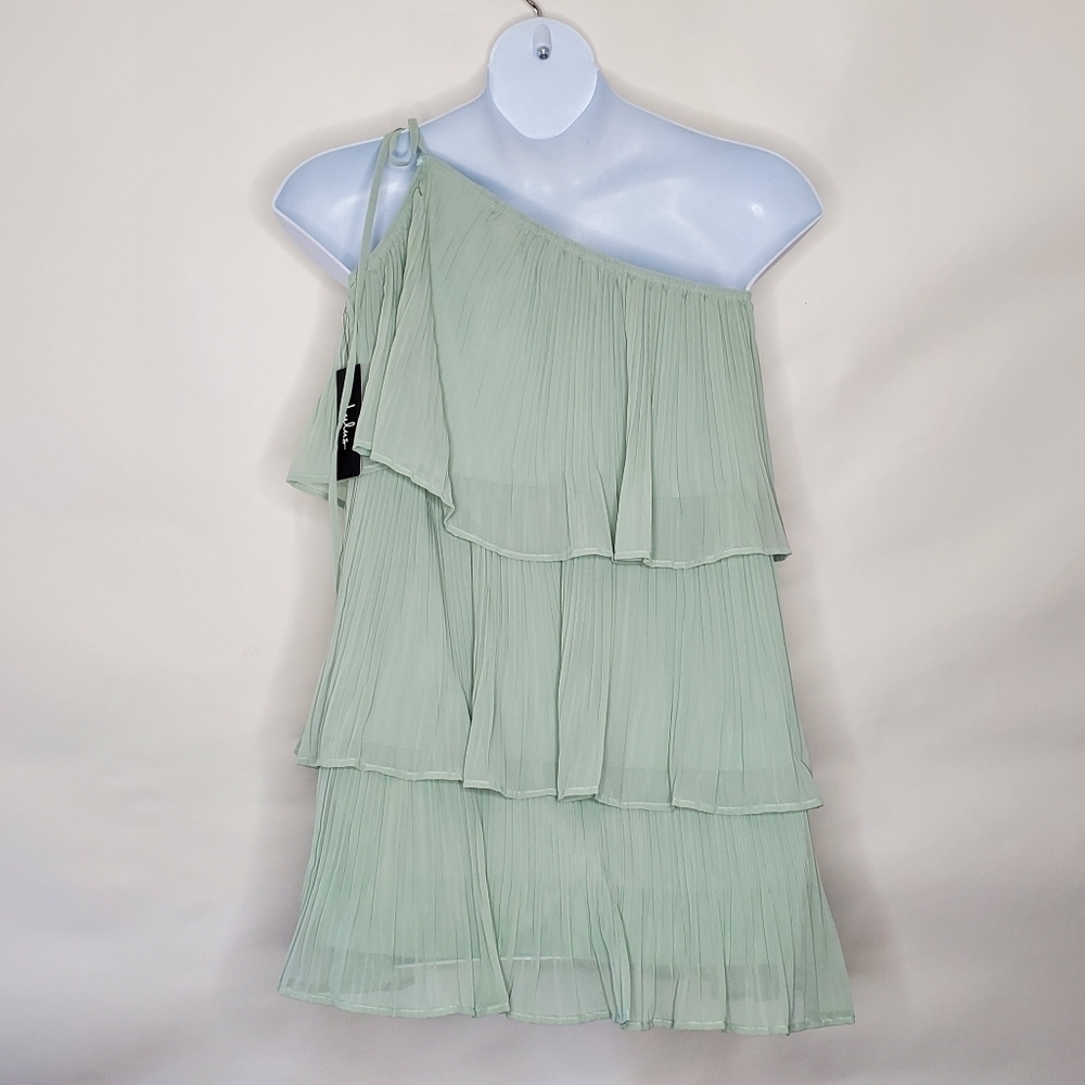 Lulus Blowing Kisses Pleated One Shoulder Mini Dress XL Tiered Sage Green NEW - Picture 5 of 12